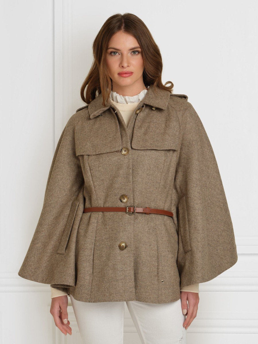 Women Fairfax & Favor Capes | Women'S Wool Cape-Taupe Herringbone With Removable Toscana Collar