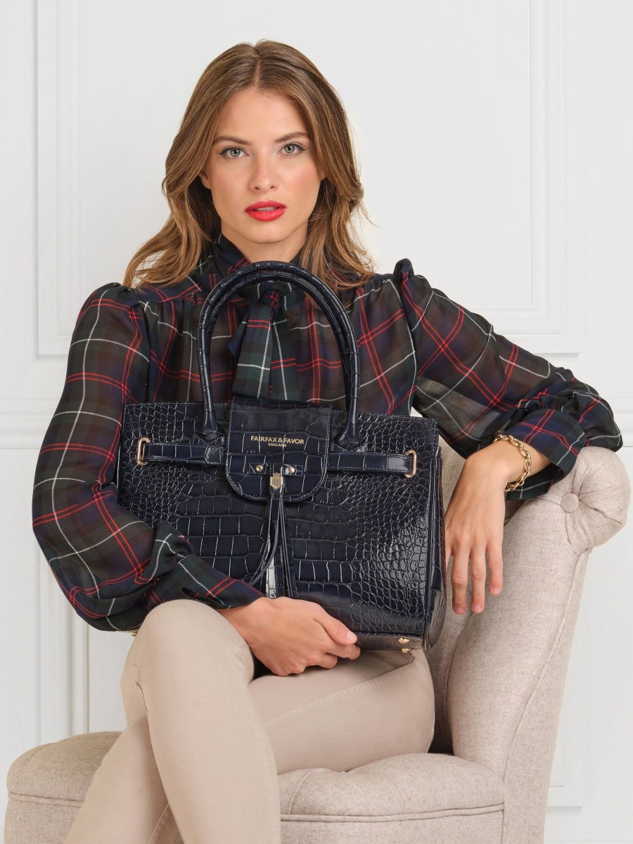 Women Fairfax & Favor Handbags | Women'S Handbag-High Shine Navy Croc Leather