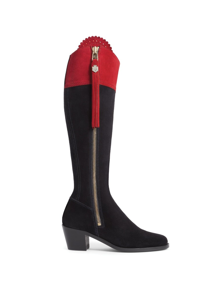 Women Fairfax & Favor Knee-High Boots | British Equestrian Women'S Tall Heeled Boot-Navy & Red Suede, Sporting Calf