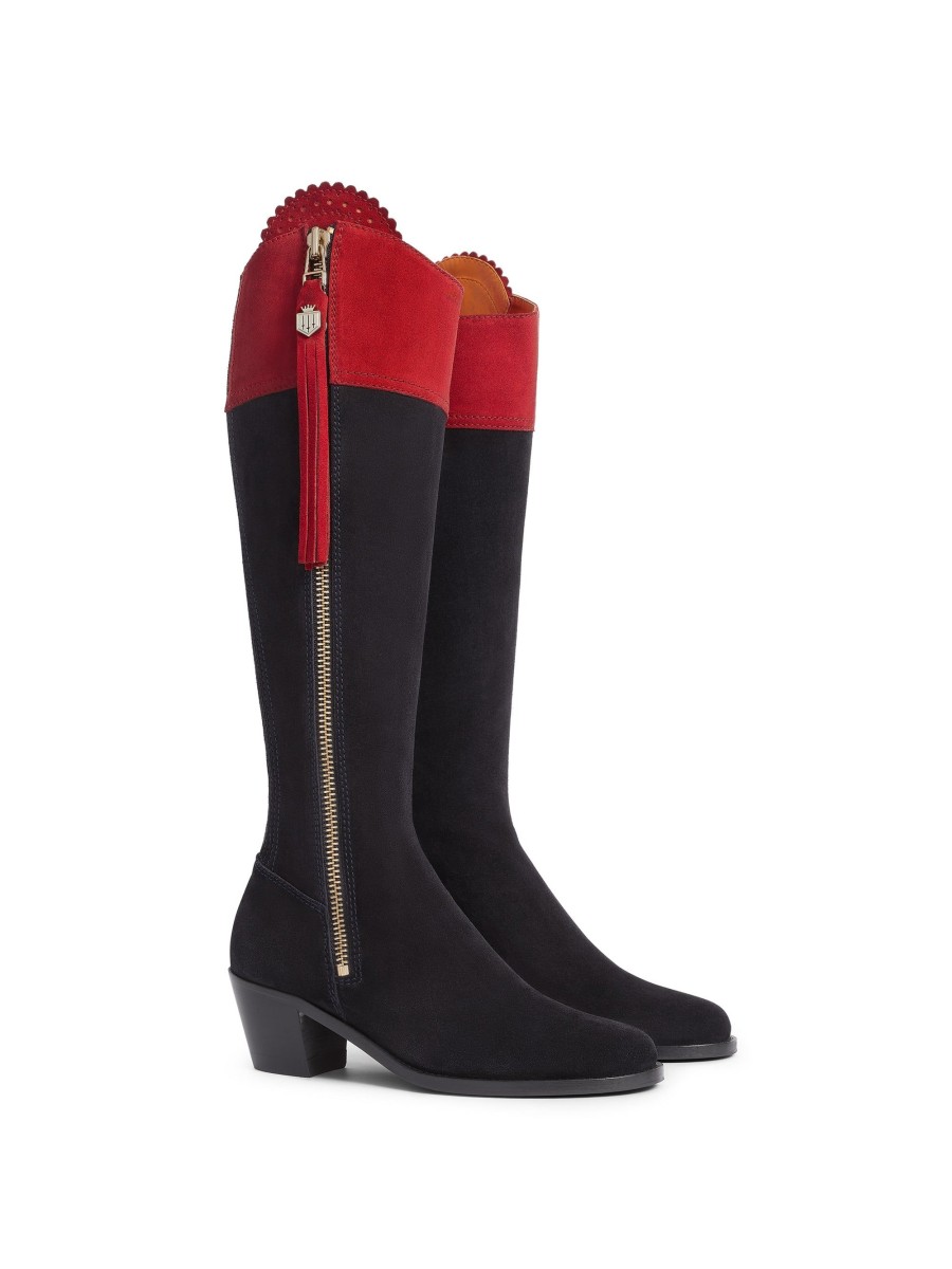 Women Fairfax & Favor Knee-High Boots | British Equestrian Women'S Tall Heeled Boot-Navy & Red Suede, Sporting Calf