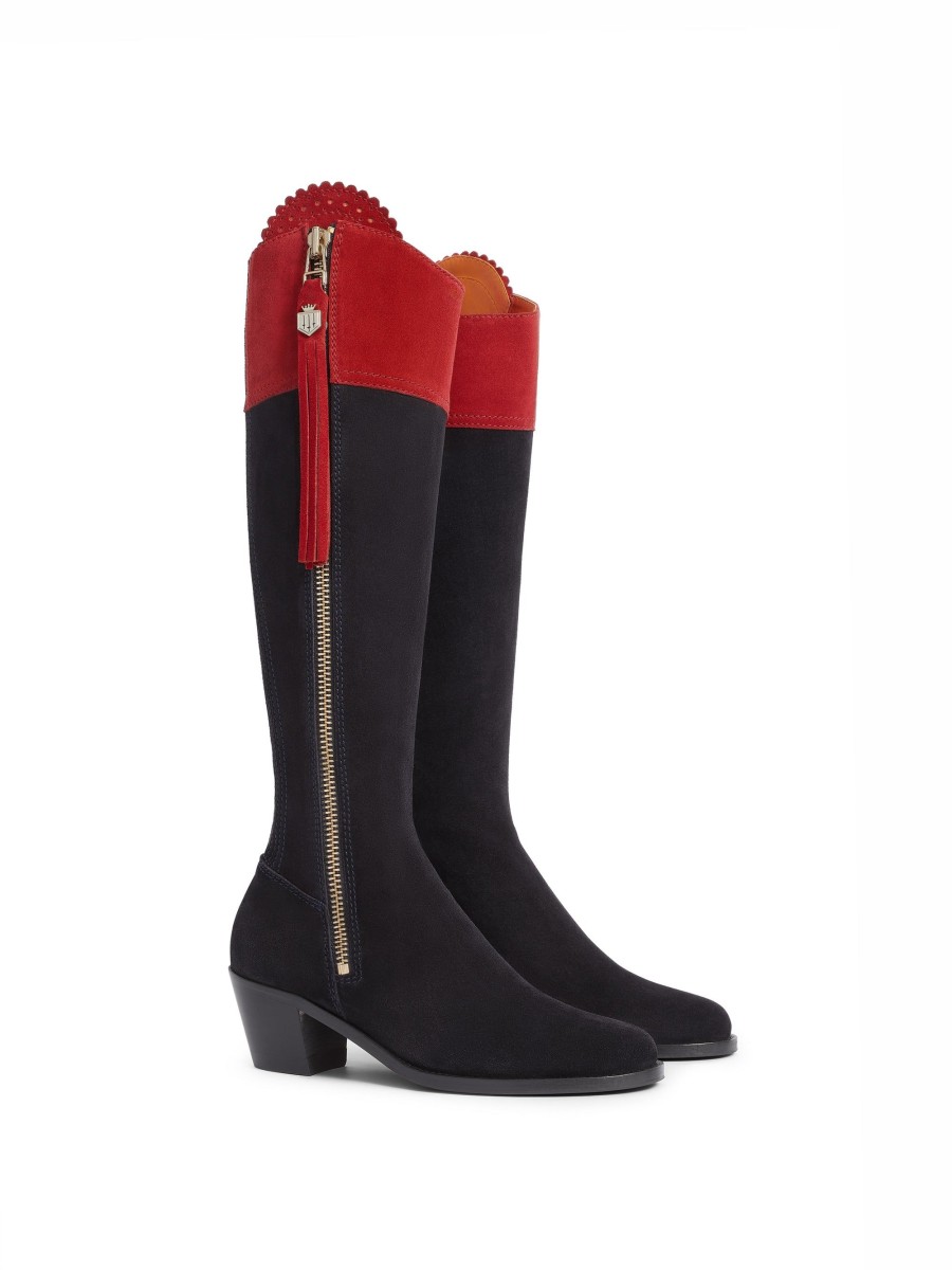 Women Fairfax & Favor Heeled Boots | British Equestrian Women'S Tall Heeled Boot-Navy & Red Suede, Narrow Calf