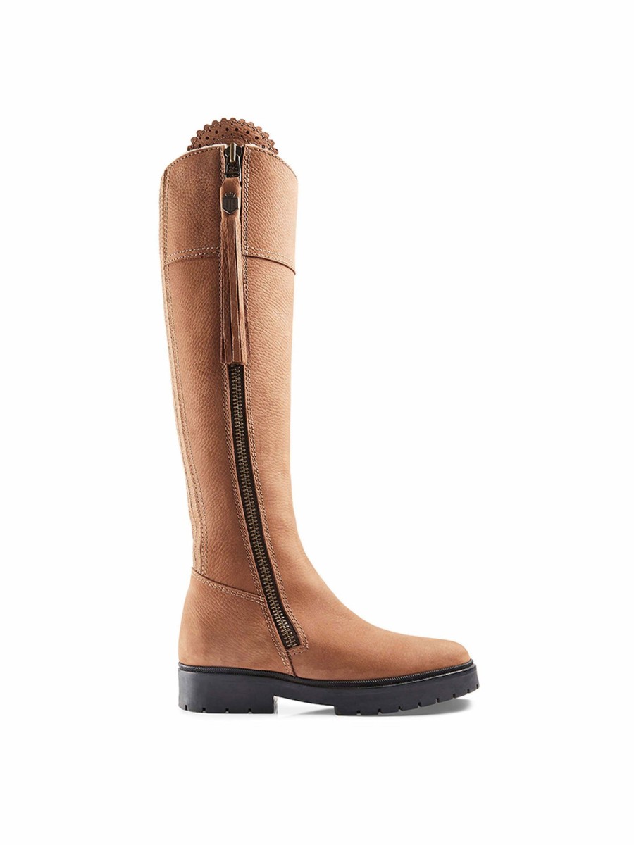 Women Fairfax & Favor Performance Boots | Shearling Lined Tall Boot-Cognac Nubuck, Narrow Calf