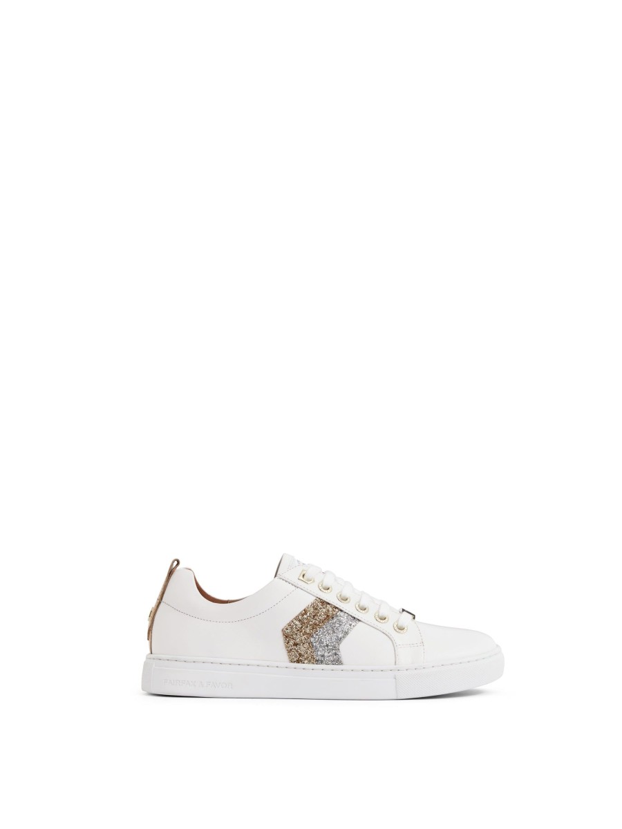 Women Fairfax & Favor Trainers | Women'S Trainer-White Leather, Silver & Gold Glitter