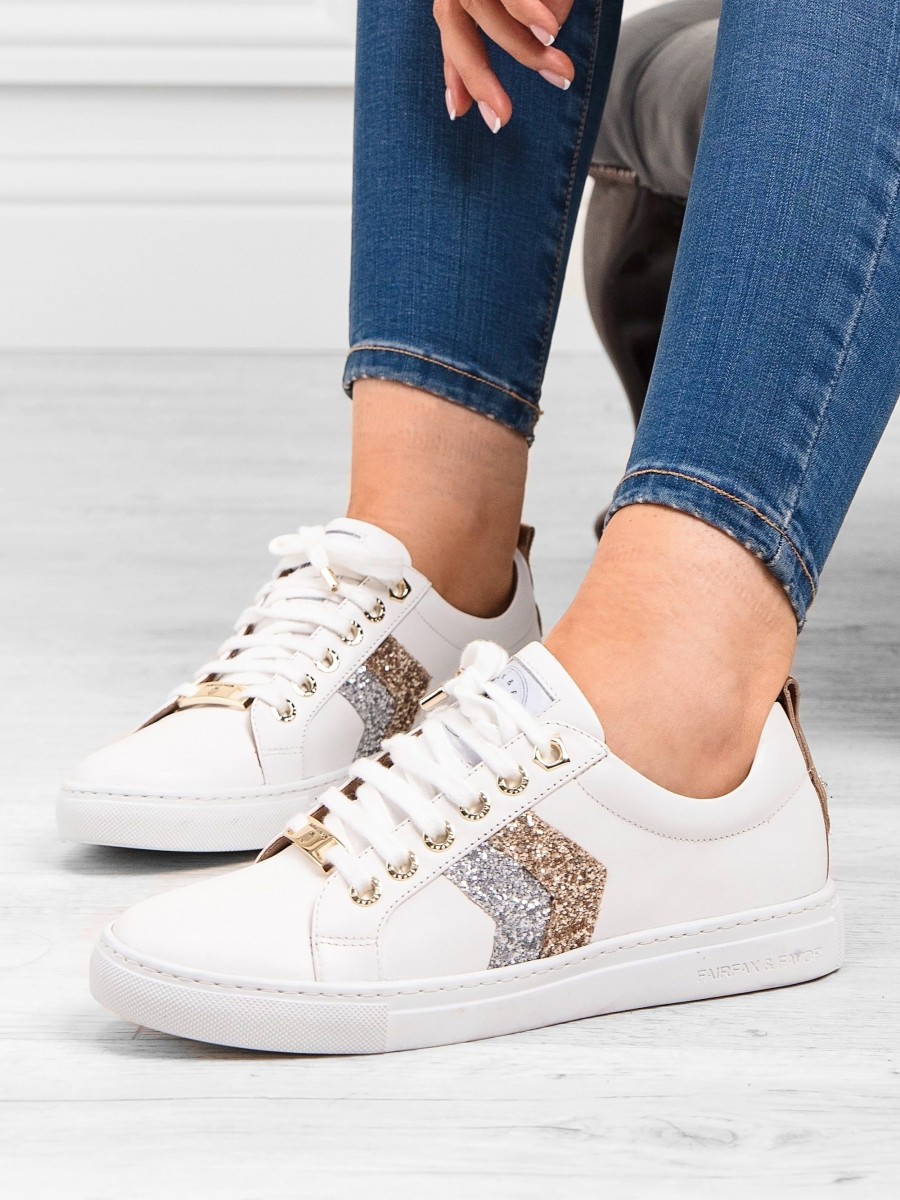 Women Fairfax & Favor Trainers | Women'S Trainer-White Leather, Silver & Gold Glitter