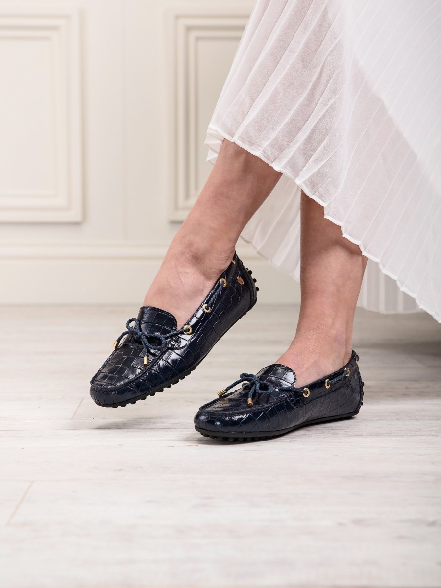 Women Fairfax & Favor Driving & Deck Shoes | Women'S Driving Shoe-High Shine Navy Croc Print Leather