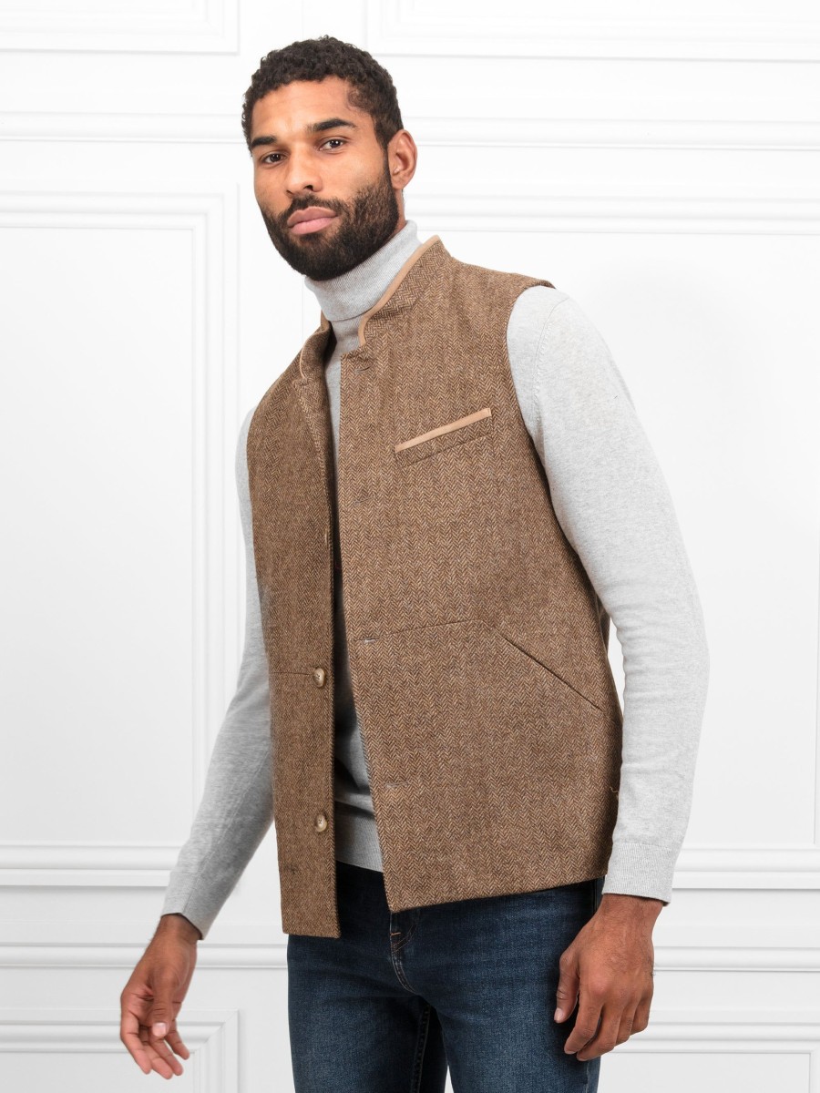 Men Fairfax & Favor Jackets & Gilets | Men'S Gilet-Camel Herringbone