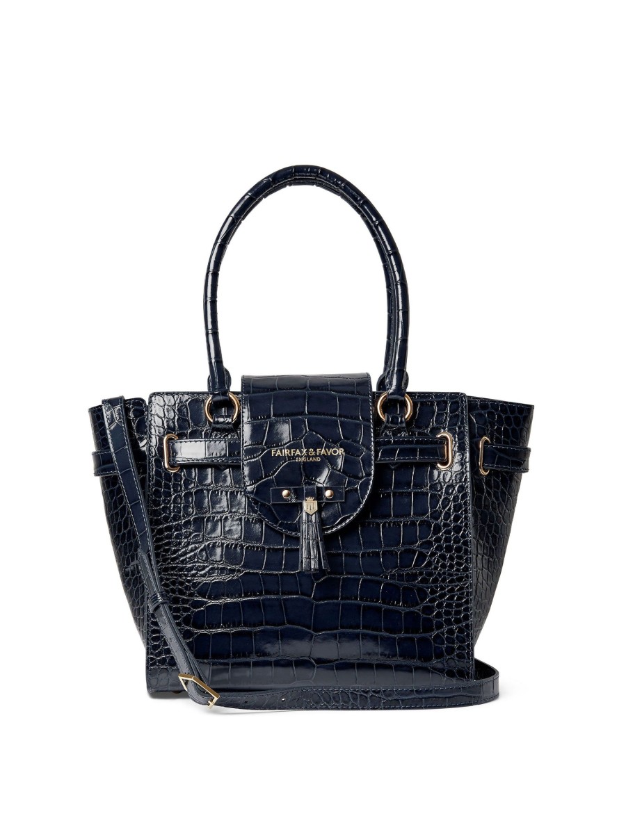 Women Fairfax & Favor Tote Bags | Women'S Tote-High Shine Navy Croc Leather