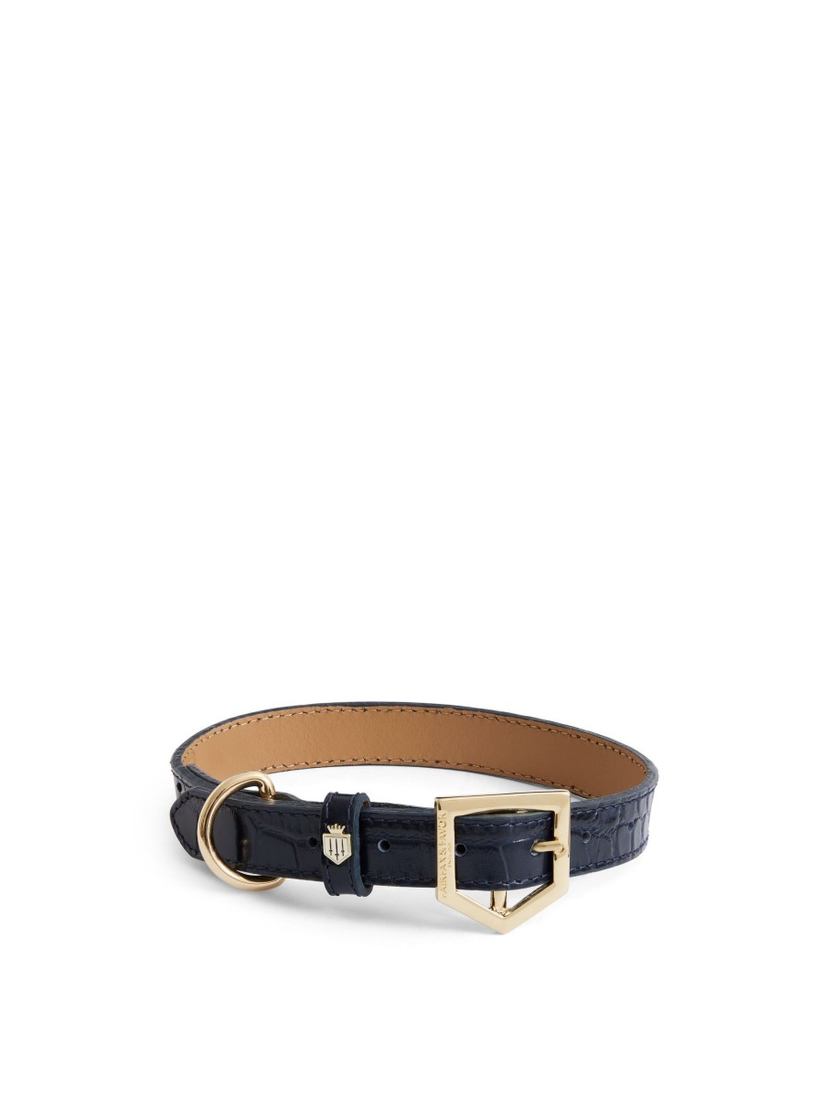 Women Fairfax & Favor Dog Collars | Navy Croc Leather Dog Collar