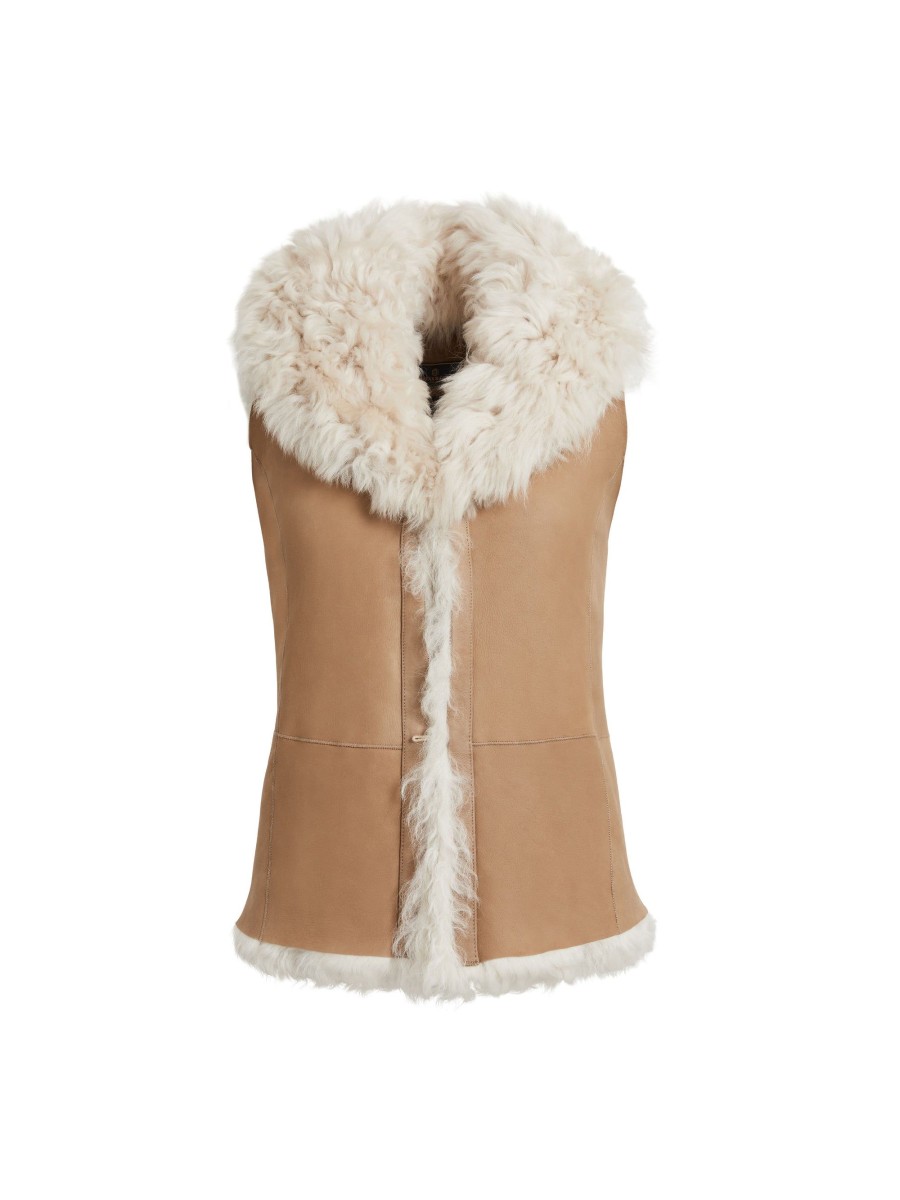 Women Fairfax & Favor Gilets | Women'S Reversible Gilet-Tan & Cream Curly Sheep Toscana