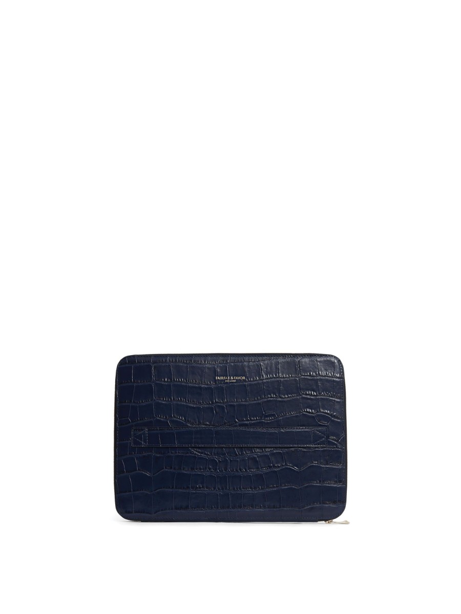 Men Fairfax & Favor Laptop & Travel Bags | Unisex Folio Bag-Navy Croc Print Leather