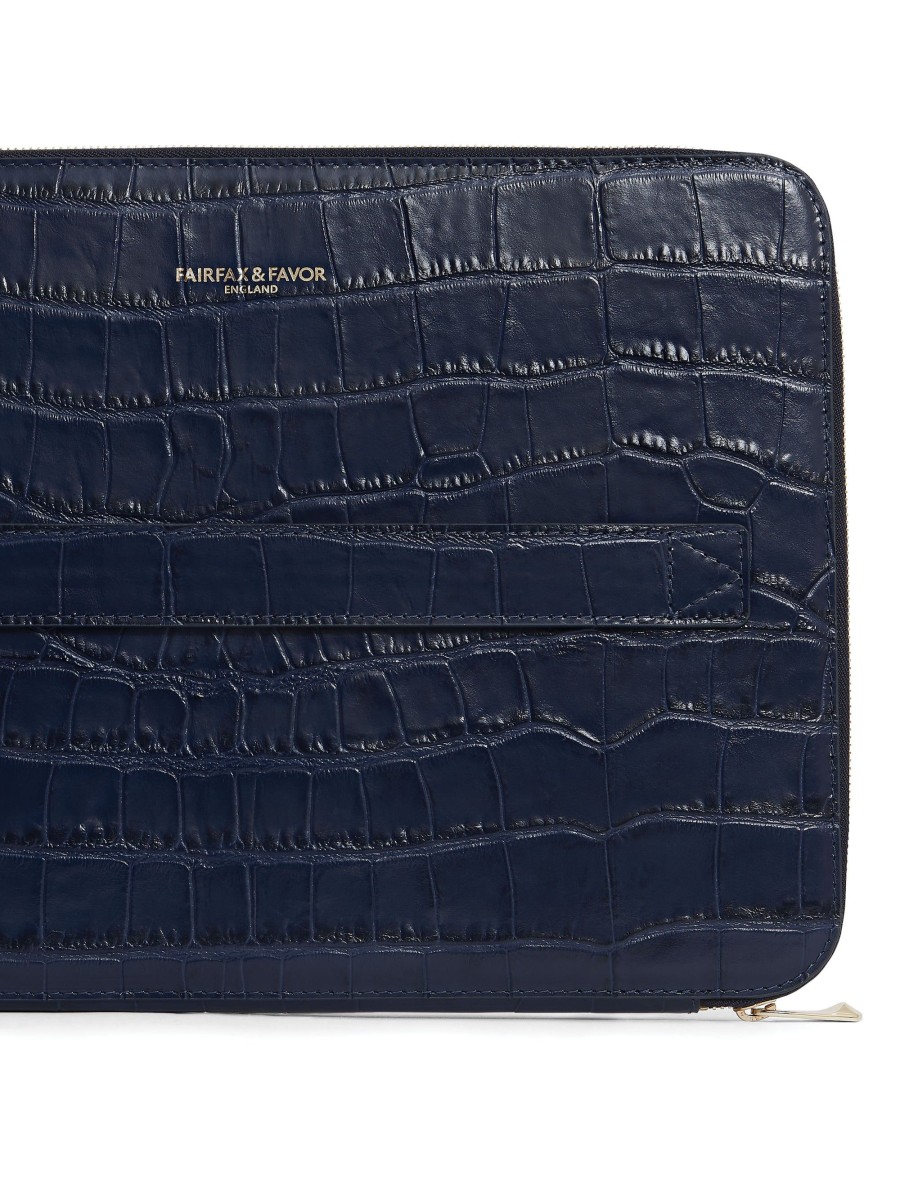 Men Fairfax & Favor Laptop & Travel Bags | Unisex Folio Bag-Navy Croc Print Leather