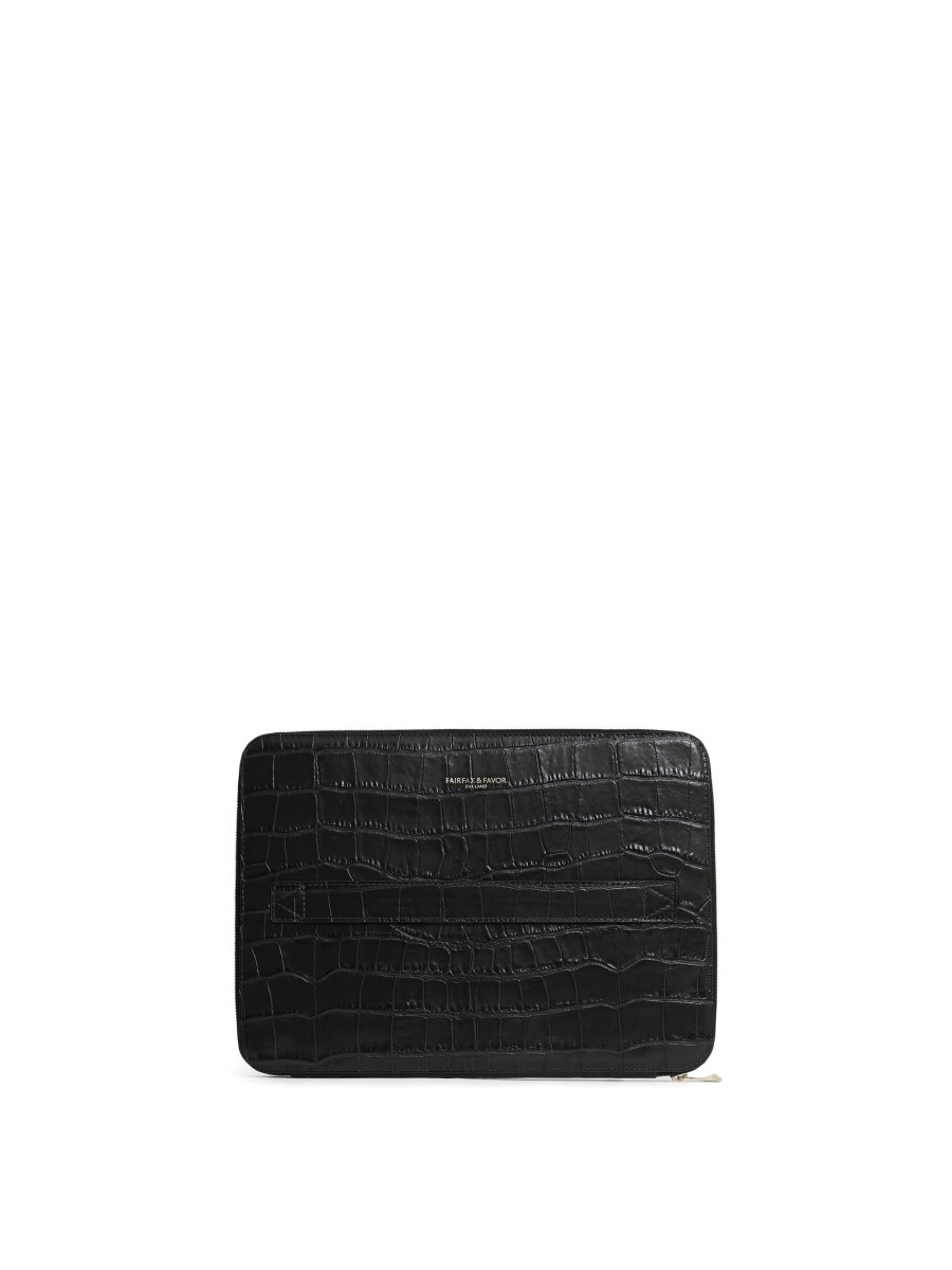 Men Fairfax & Favor Laptop & Travel Bags | Unisex Folio Bag-Black Croc Print Leather