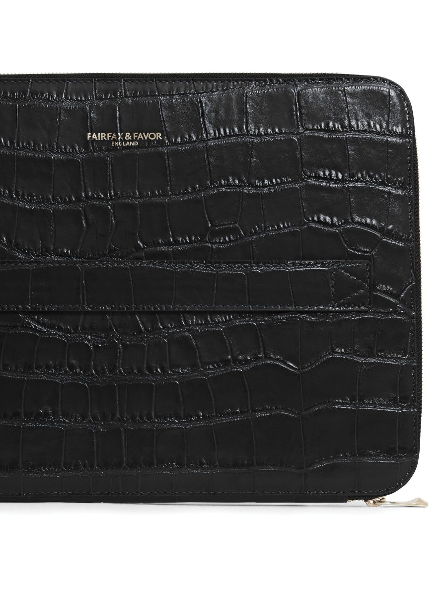 Men Fairfax & Favor Laptop & Travel Bags | Unisex Folio Bag-Black Croc Print Leather