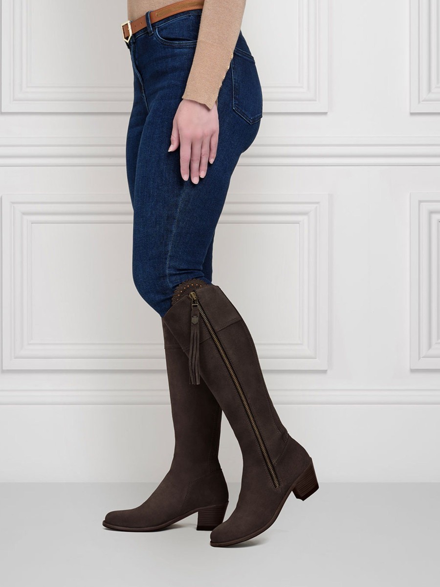 Women Fairfax & Favor Knee-High Boots | Women'S Tall Heeled Boot-Chocolate Suede, Sporting Calf